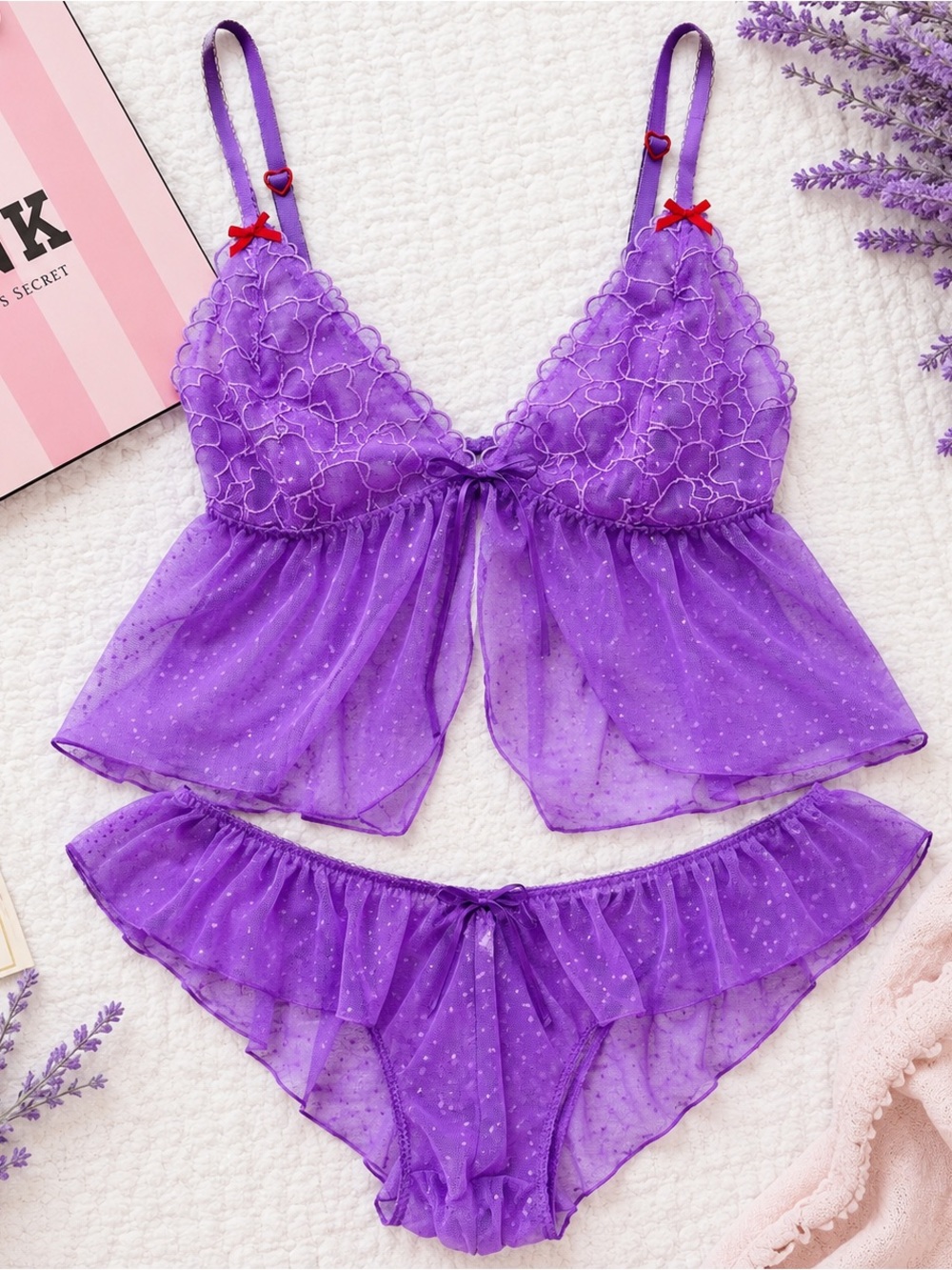 PINK Victoria’s Secret Heart Lace Babydoll & Cheeky Set NWT L/XL